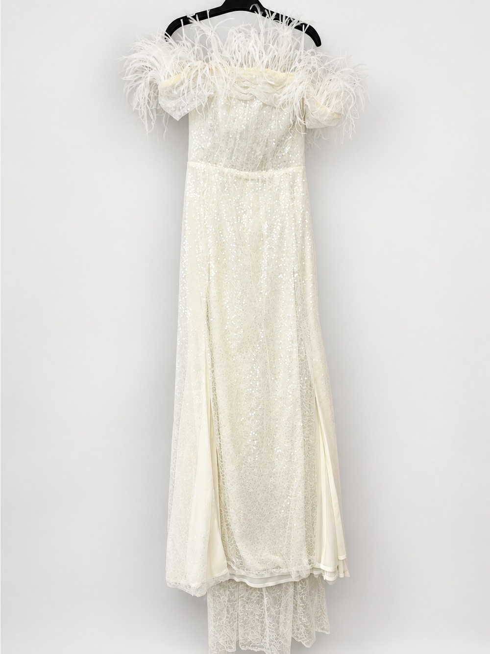 Off-Shoulder Feather-Trim Sequin Wedding Gown in Ivory
